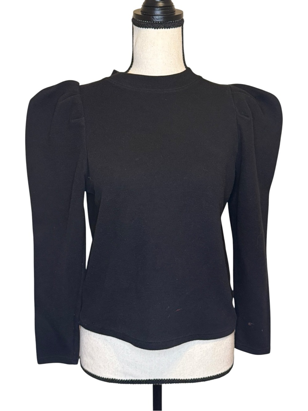 Black Puff Sleeve Crewneck Top - Women's